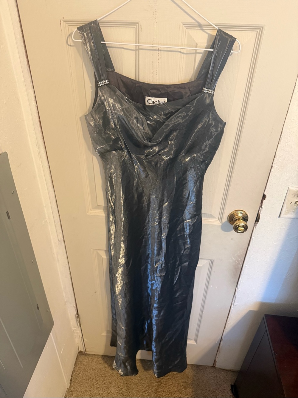 Cachet Shimmery Silver-Gray Maxi Dress with Embellished Straps
